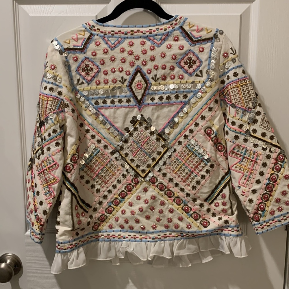 Indigo Moon Women's Embellished Embroidered Beaded Ruffle Hem Jacket - Picture 4 of 5